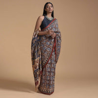 Wood Brown Saree In Cotton With Batik Printed Floral Jaal Design Online - Kalki Fashion