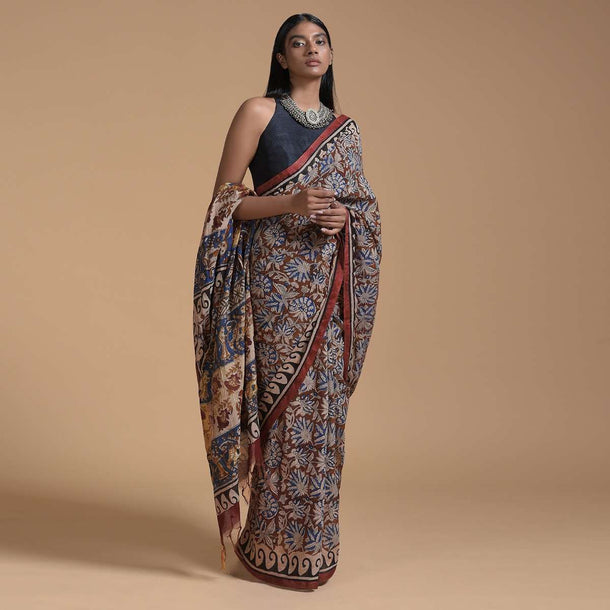 Wood Brown Saree In Cotton With Batik Printed Floral Jaal Design Online - Kalki Fashion