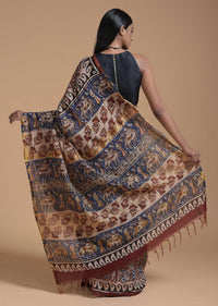 Wood Brown Saree In Cotton With Batik Printed Floral Jaal Design Online - Kalki Fashion