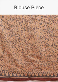 Wood Brown Saree In Cotton With Batik Printed Floral Jaal Design Online - Kalki Fashion