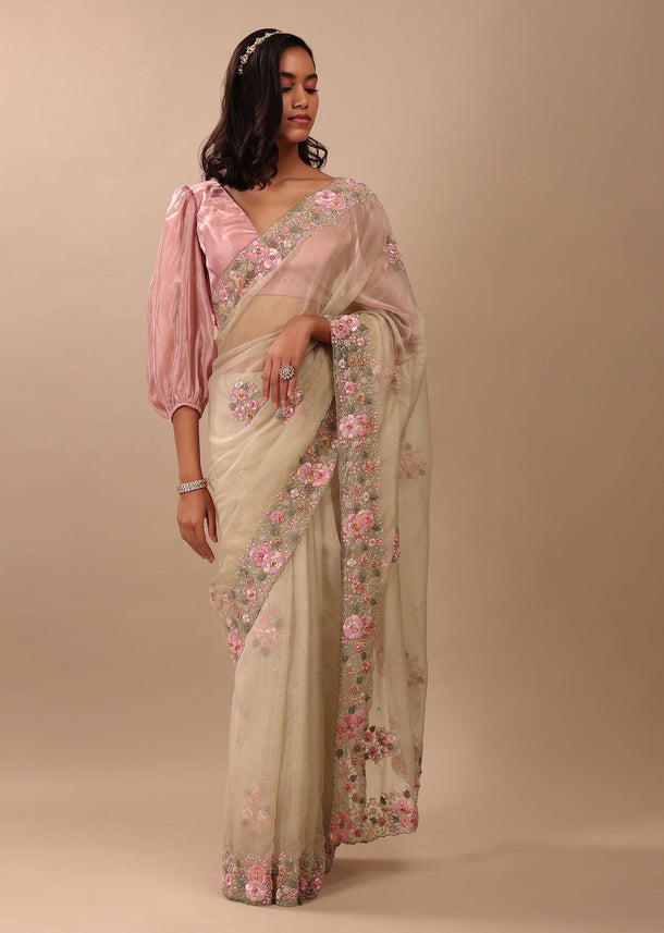 Beige White Saree In Organza Fabric And Floral Embroidery With Cut Dana & Moti