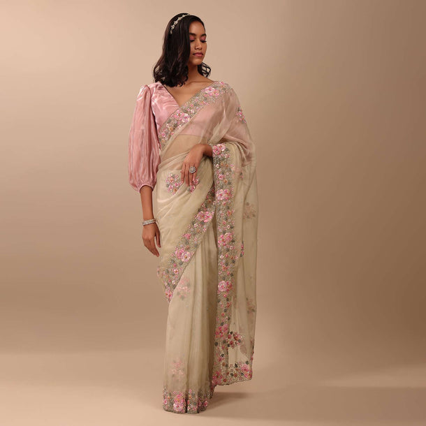 Beige White Saree In Organza Fabric And Floral Embroidery With Cut Dana & Moti