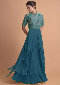 Yale Blue Jumpsuit With Georgette Layers On The Bottom And A Raw Silk Bodice Online - Kalki Fashion