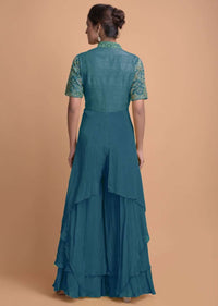 Yale Blue Jumpsuit With Georgette Layers On The Bottom And A Raw Silk Bodice Online - Kalki Fashion