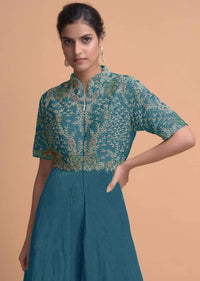 Yale Blue Jumpsuit With Georgette Layers On The Bottom And A Raw Silk Bodice Online - Kalki Fashion