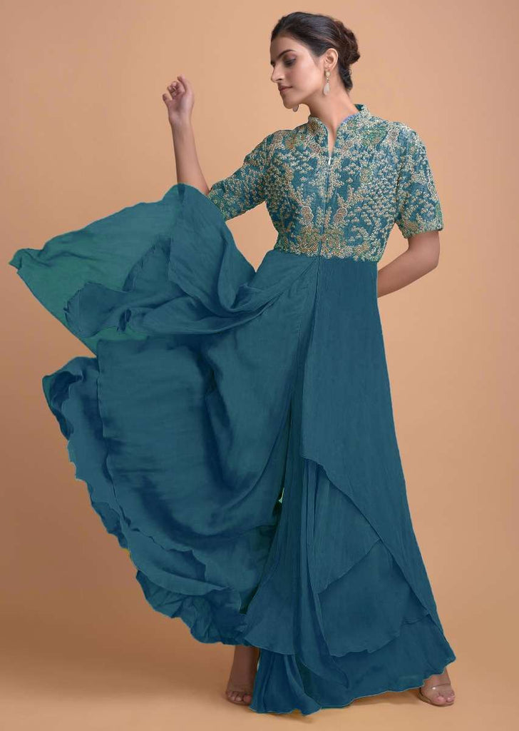 Yale Blue Jumpsuit With Georgette Layers On The Bottom And A Raw Silk Bodice Online - Kalki Fashion