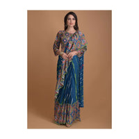 Yale Blue Ready Pleated Ruffle Saree With Printed Stripes And Patola Printed Blouse Online - Kalki Fashion