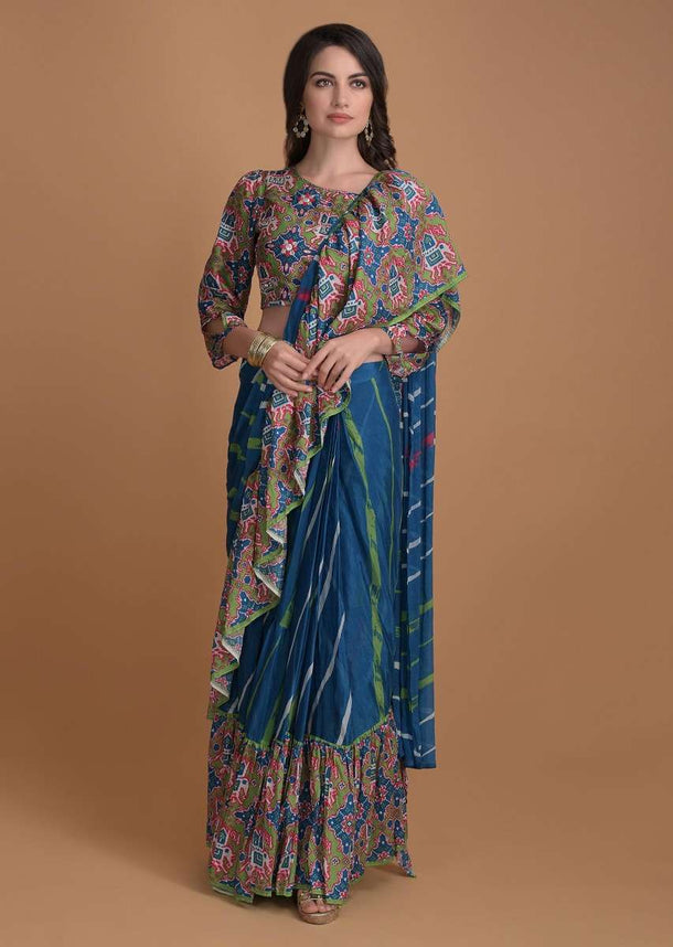 Yale Blue Ready Pleated Ruffle Saree With Printed Stripes And Patola Printed Blouse Online - Kalki Fashion