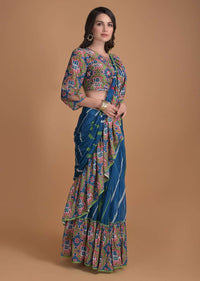 Yale Blue Ready Pleated Ruffle Saree With Printed Stripes And Patola Printed Blouse Online - Kalki Fashion