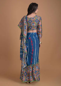 Yale Blue Ready Pleated Ruffle Saree With Printed Stripes And Patola Printed Blouse Online - Kalki Fashion