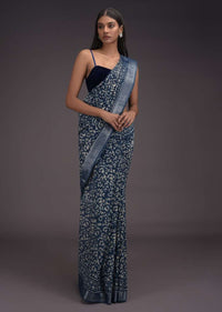 Yale Blue Saree In Linen With Batik Printed Floral Jaal And Zari Weaved Border Online - Kalki Fashion