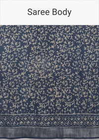 Yale Blue Saree In Linen With Batik Printed Floral Jaal And Zari Weaved Border Online - Kalki Fashion