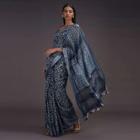Yale Blue Saree In Linen With Batik Printed Floral Jaal And Zari Weaved Border Online - Kalki Fashion