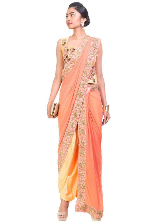 Yellow & Light Salmon Dhoti Saree