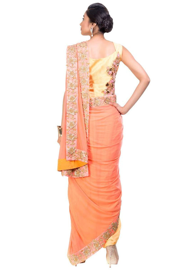 Yellow & Light Salmon Dhoti Saree