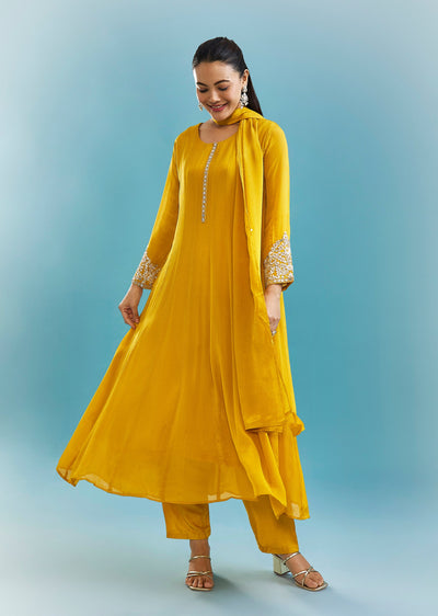 Yellow Anarkali Set With Mirror And Beads Work