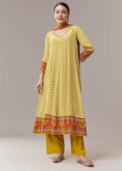 Yellow Anarkali Suit In Chevron Print With Mirror Moti And Stone Work And Dupatta