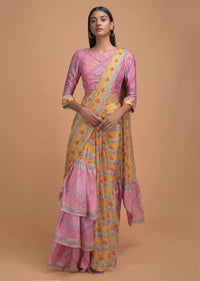 Yellow And Pink Ready Pleated Ruffle Saree In Crepe Enhanced With Floral And Paisley Print Online - Kalki Fashion