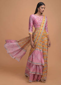 Yellow And Pink Ready Pleated Ruffle Saree In Crepe Enhanced With Floral And Paisley Print Online - Kalki Fashion