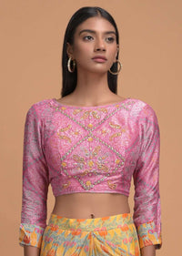 Yellow And Pink Ready Pleated Ruffle Saree In Crepe Enhanced With Floral And Paisley Print Online - Kalki Fashion