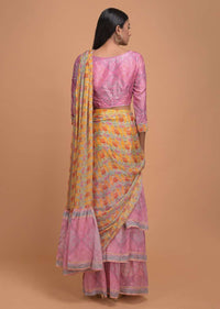 Yellow And Pink Ready Pleated Ruffle Saree In Crepe Enhanced With Floral And Paisley Print Online - Kalki Fashion