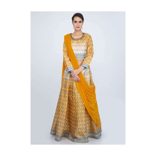 Yellow and white shaded cotton lehenga with matching blouse and pre stitched ready pleated dupatta only on Kalki