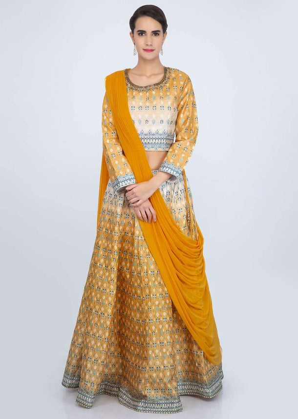 Yellow and white shaded cotton lehenga with matching blouse and pre stitched ready pleated dupatta only on Kalki