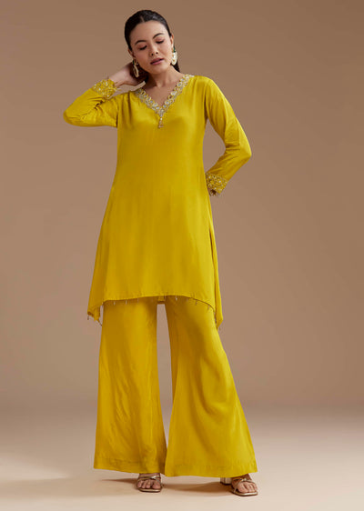 Yellow Asymmetric Kurta and Palazzo Set