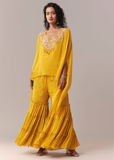 Yellow Asymmetric Sharara Cape Set