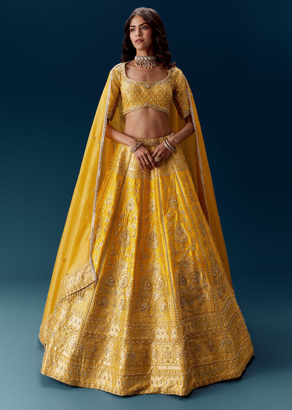 Yellow Banarasi Embroidered Bridal Lehenga With Dupattas