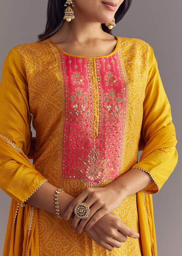 Yellow Bandhani Print Dola Silk Zardosi Kurta Set With Dupatta