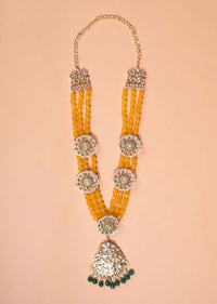 Yellow Beads Multi Strand Necklace With Green Beads, Kundan And Pearls In Floral Pattern Online - Kalki Fashion