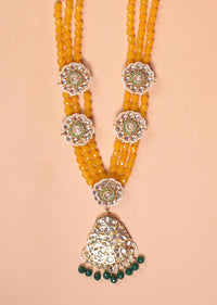 Yellow Beads Multi Strand Necklace With Green Beads, Kundan And Pearls In Floral Pattern Online - Kalki Fashion