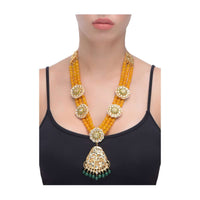 Yellow Beads Multi Strand Necklace With Green Beads, Kundan And Pearls In Floral Pattern Online - Kalki Fashion