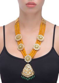 Yellow Beads Multi Strand Necklace With Green Beads, Kundan And Pearls In Floral Pattern Online - Kalki Fashion
