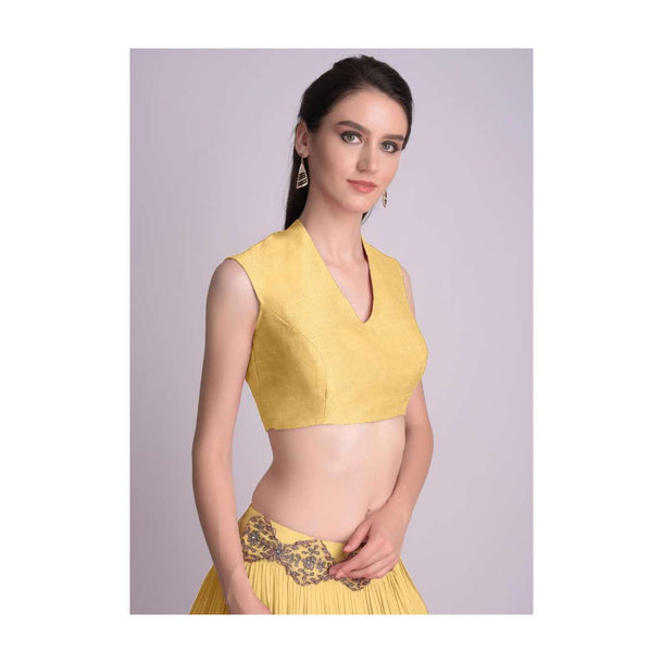 Yellow Blouse In Raw Silk With V Neckline