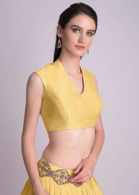 Yellow Blouse In Raw Silk With V Neckline