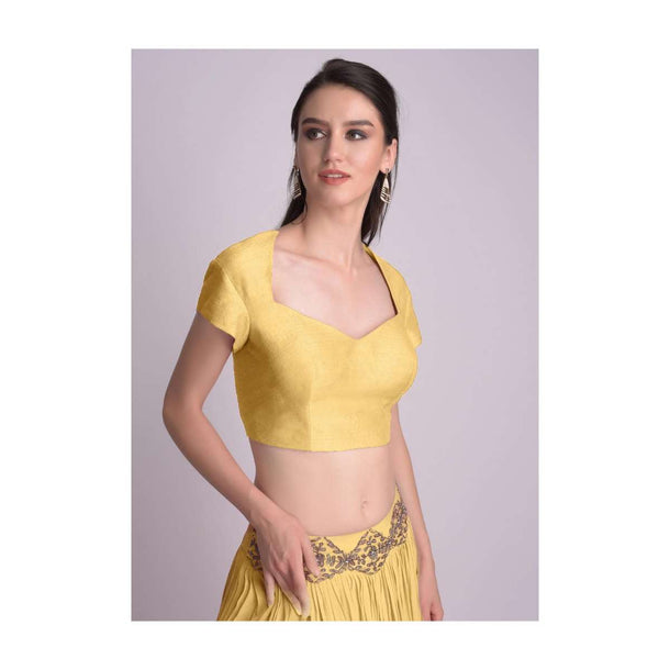 Yellow Blouse With Deep Sweet Heart Neck And Cap Sleeves