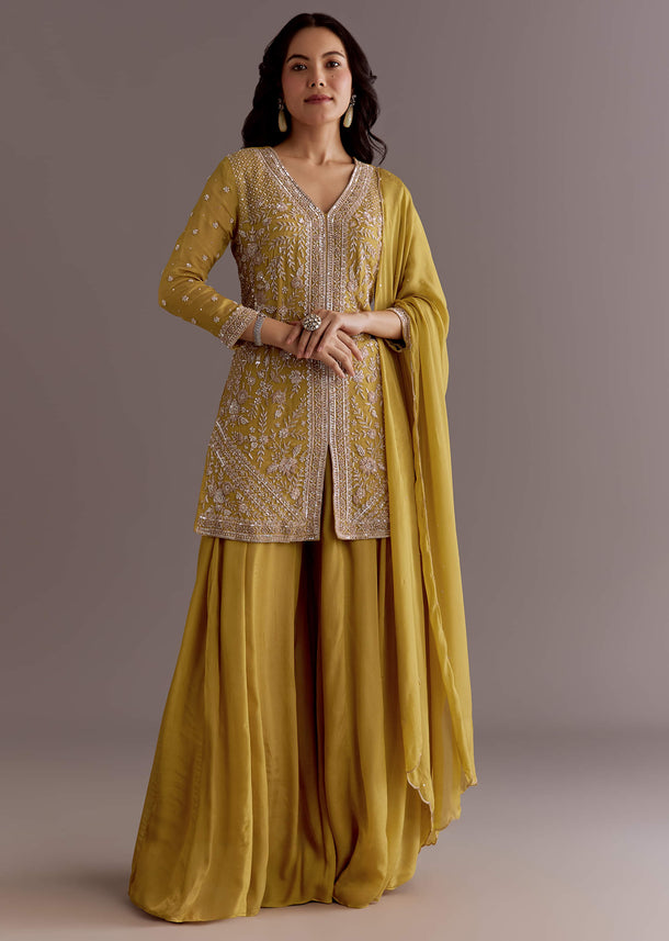 Yellow Chinon Embroidered Kurta Palazzo Suit With Dupatta