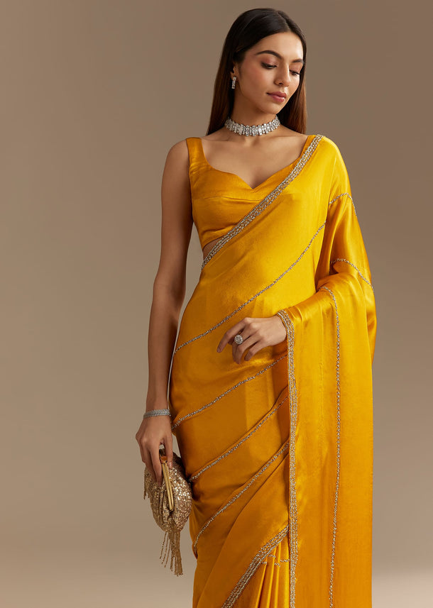 Yellow Chinon Saree With Cutdana Embroidery