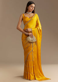 Yellow Chinon Saree With Cutdana Embroidery