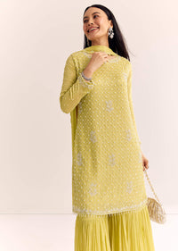 Yellow Chinon Sharara Dupatta Suit With Cutdana Moti And Sequins