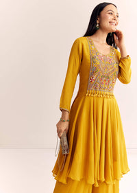 Yellow Chinon Zardosi Kurta Palazzo Suit