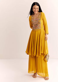 Yellow Chinon Zardosi Kurta Palazzo Suit