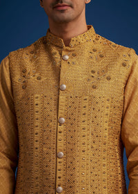 Yellow Cotton Linen Jacket With Stone And Thread Embroidery