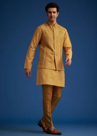 Yellow Cotton Linen Jacket With Stone And Thread Embroidery