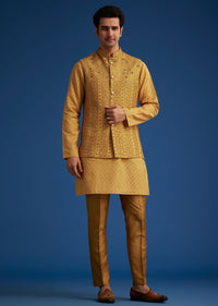 Yellow Cotton Linen Jacket With Stone And Thread Embroidery