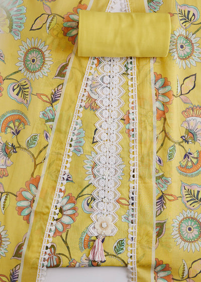 Yellow Cotton Printed Unstitched Suit Set With Dupatta