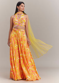 Yellow Crepe Abstract Printed Embroidered Lehenga Set