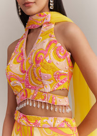 Yellow Crepe Abstract Printed Embroidered Lehenga Set